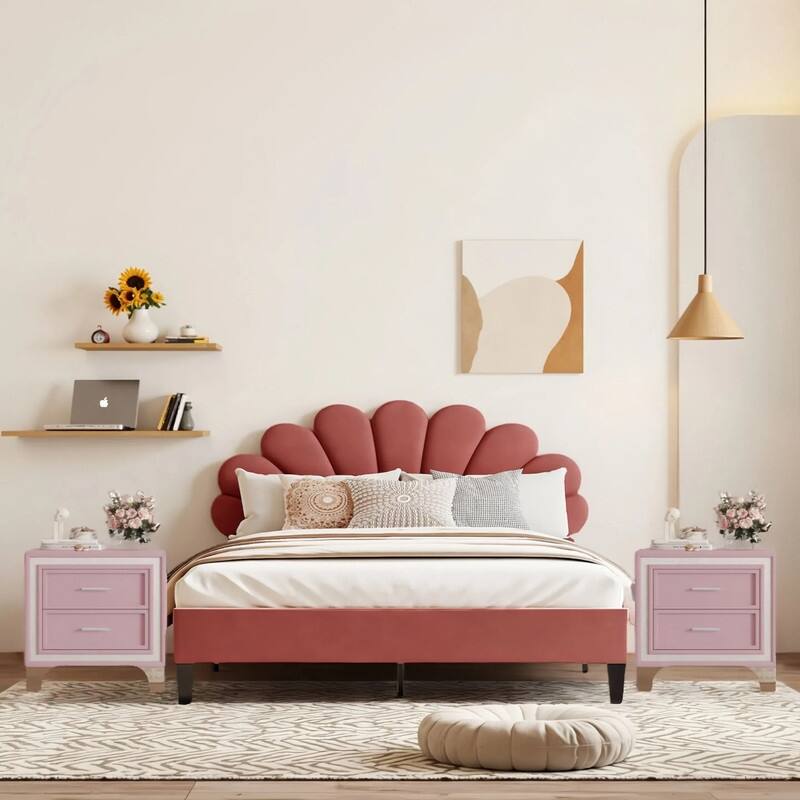 3-Pieces Bedroom Sets, Upholstered Platform Bed with Flower Pattern Velvet Headboard ,and Two Nightstands with 2 Drawers - Bean paste red+Pink - Full