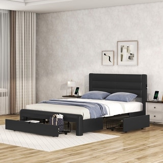 Queen Size Leather Upholstered Storage Bed, Platform Bed with Drawers Storage and Charging Station, Black