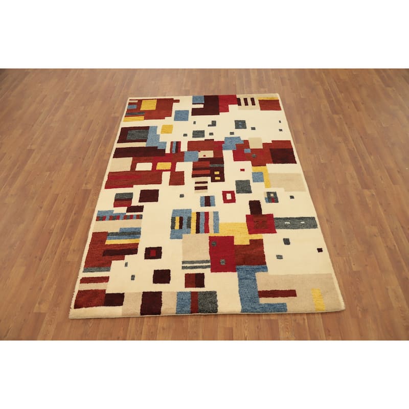 Hand Knotted Oriental 100% Wool Carpet Modern Geometric Multi-Colored Gabbeh Area Rug - 7' 7'' X 5' 3''