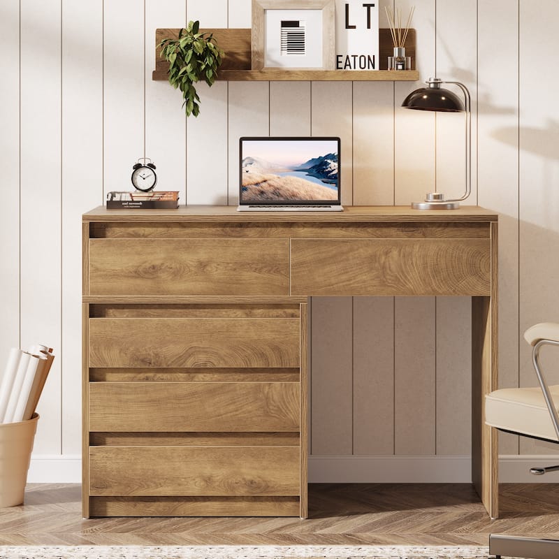 Industrial Computer Desk with 5 Drawers & File Cabinet, Rustic Wood Office Desk with Printer Stand for Small Spaces