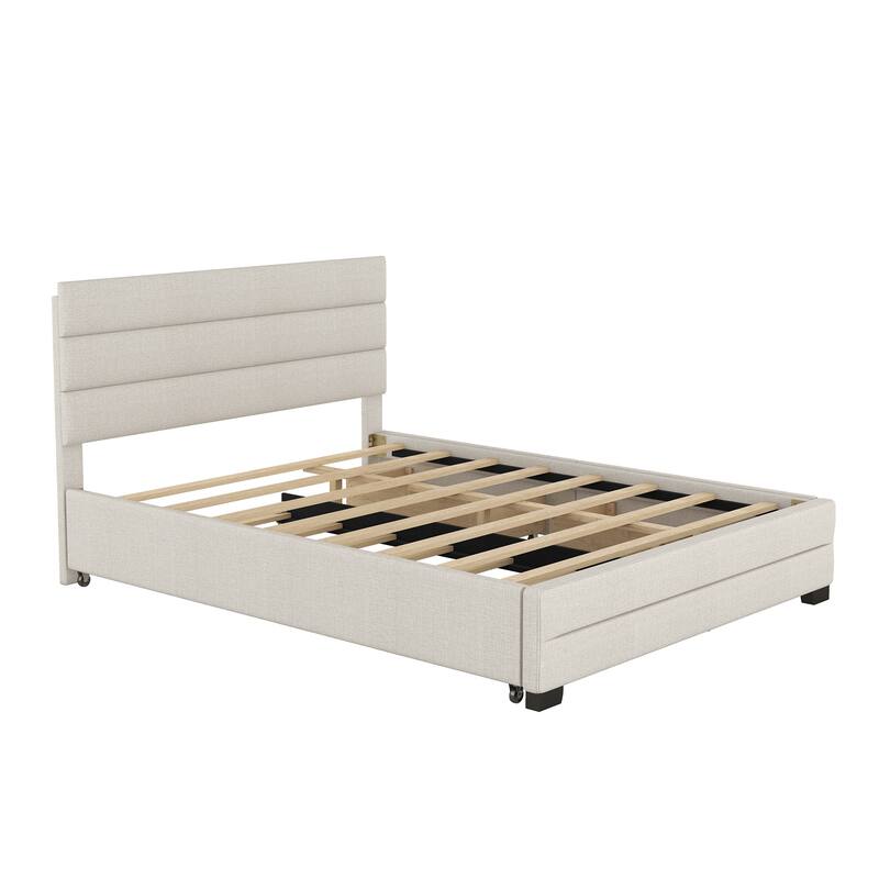 Roomfitters Queen Upholstered Platform Bed with Twin Trundle and Side Compartments for Extra Storage, Beige