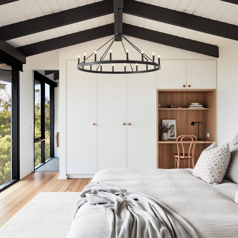 53.15 Inch Matte Black Wagon Wheel Chandelier With 18 light (No Bulbs) -E12