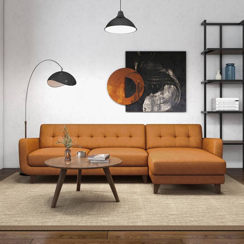 Left-Facing Tan Leather Sectional Sofa - Tan