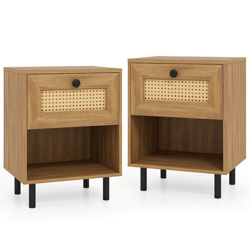Costway 1/2 PCS Rattan Nightstand Boho End Table with Drawer & Open - See Details