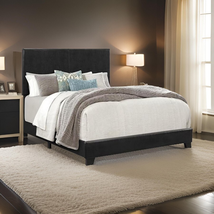 Benjara Shirin Full Size Bed, Wood, Nailhead Trim, Upholstered Headboard, Black