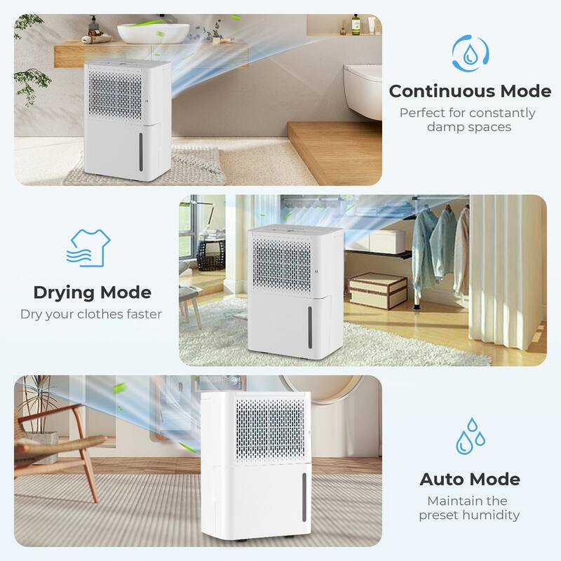 White ABS Dehumidifier 32 Pints with 3 Modes, Timer and Drain Hose - 10.5" x 8" x 16" (L x W x H)