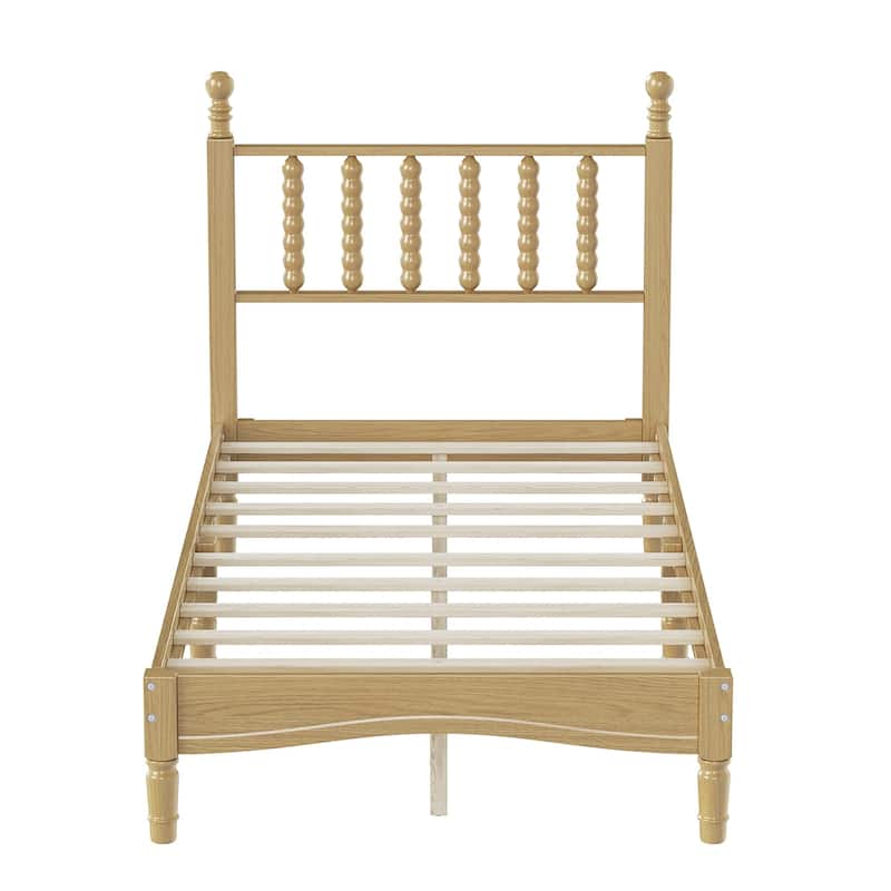 Twin/Full/Queen/King Retro Style Wood Platform Bed with Gourd Headboard and Wooden Slat Support