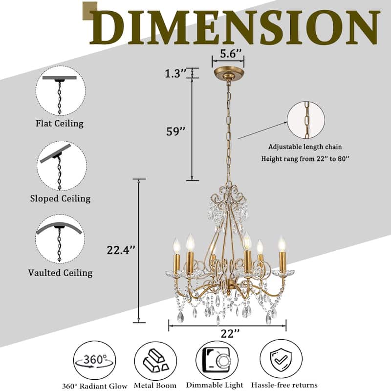 4/6-Lights Vintage Small Candlestick Crystal Chandelier in Antique Gold