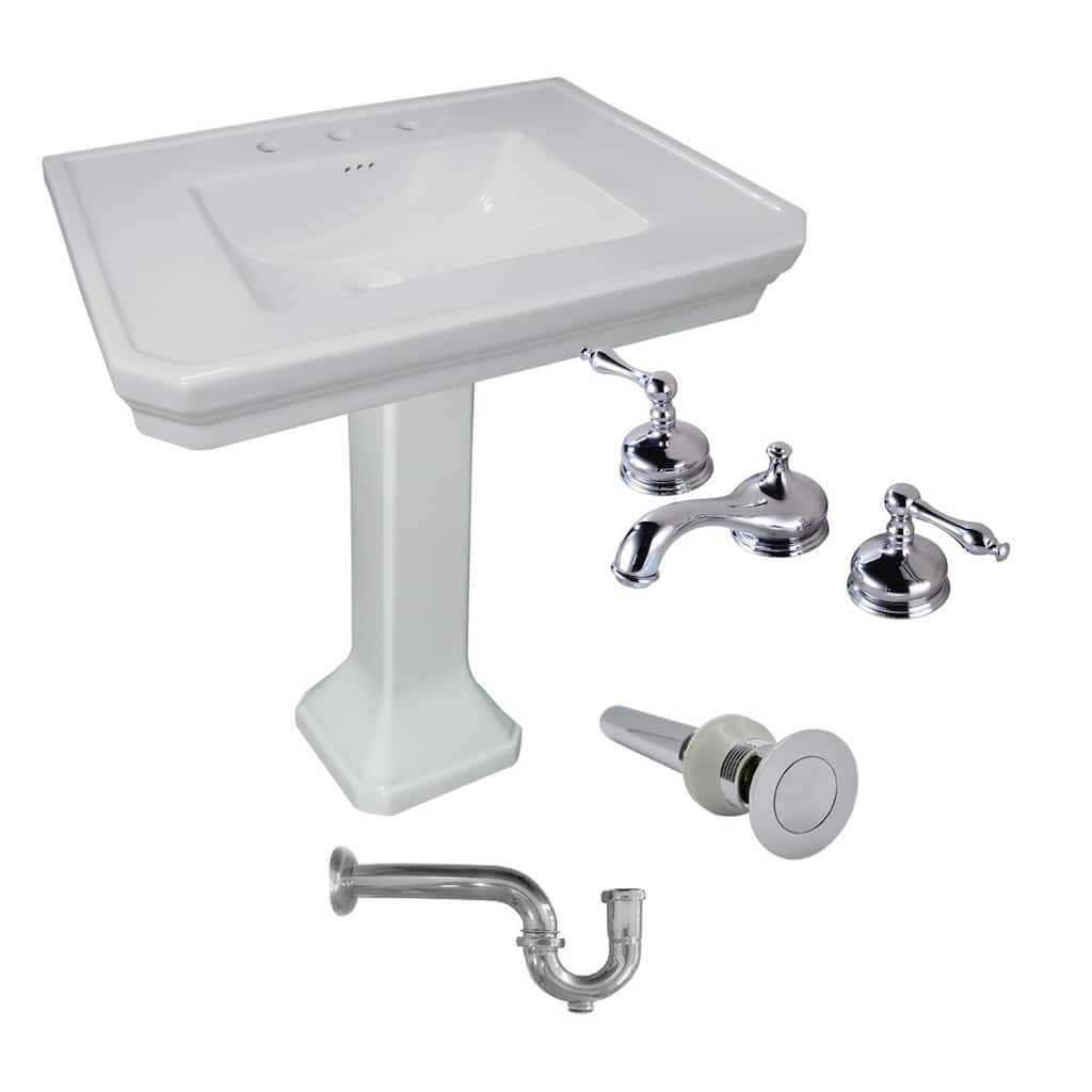 White Pedestal Sink 32" with 8" Chrome Faucet, P-Trap and Drain