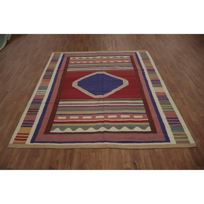 Hand Woven Oriental 100% Wool Carpet Southwestern Tribal Multi-Colored Kilim Area Rug - 9' 8'' X 7' 11''
