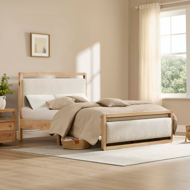 Modern Upholstered Platform Bed Frame with USB & Type-C Charging - Khaki - Queen