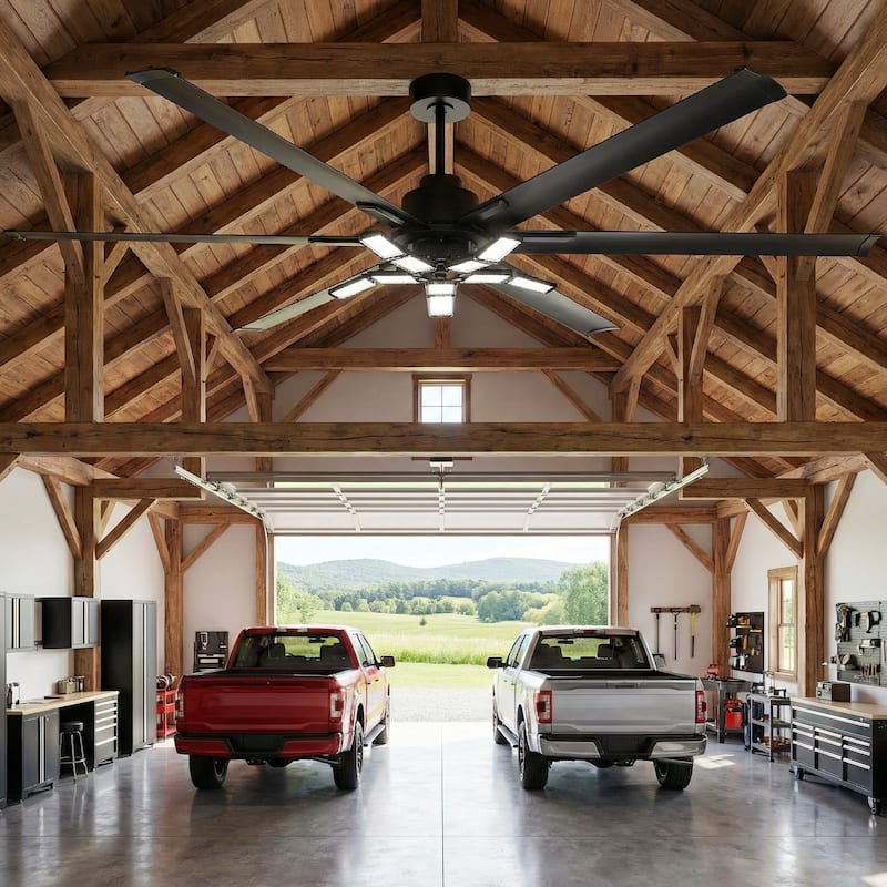 72" Industrial Matte Black HVLS Large Ceiling Fan with Foldable LED Light and Remote