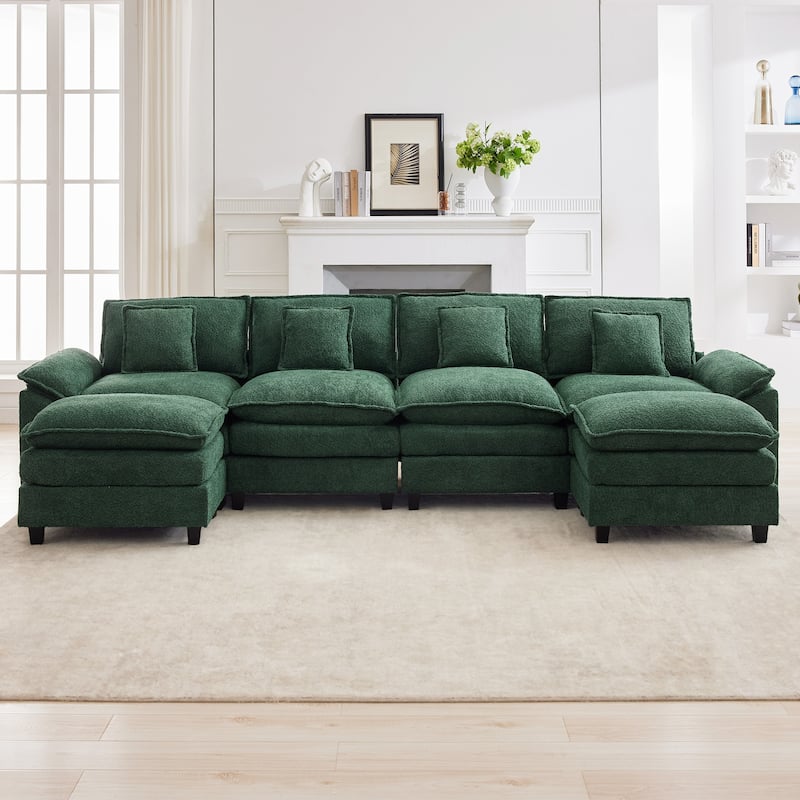 Modular Chenille Sectional Sofa with Ottomans, Deep Seat, Wide Padded Armrests, 2-Seat / 3-Seat / 4-Seat Options - Olive/4 Seats with 2 Ottomans - Symmetrical