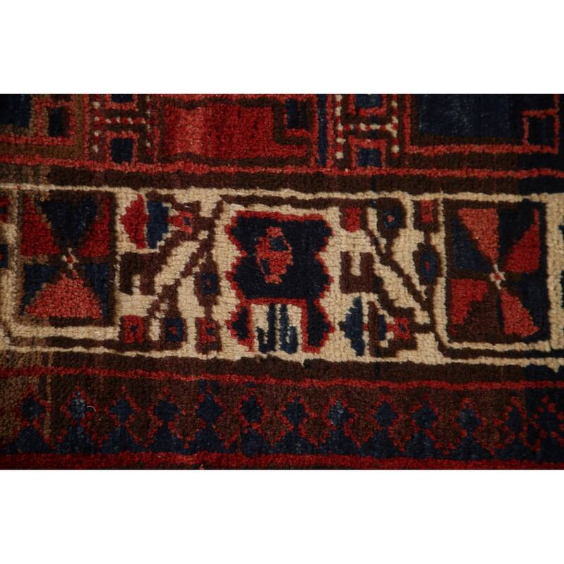 Geometric Ardebil Persian Vintage Runner Rug Handmade Red Wool Carpet - 3'9"x 13'10"