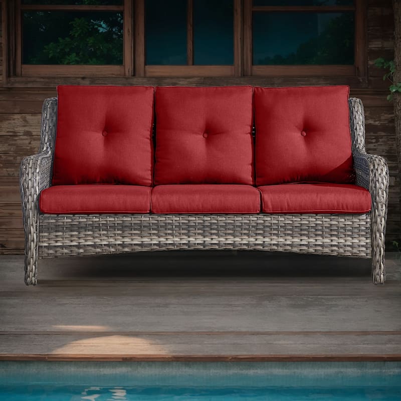 Pocassy Patio Outdoor 3-Seat Sofa with Cushion - Grey - Red