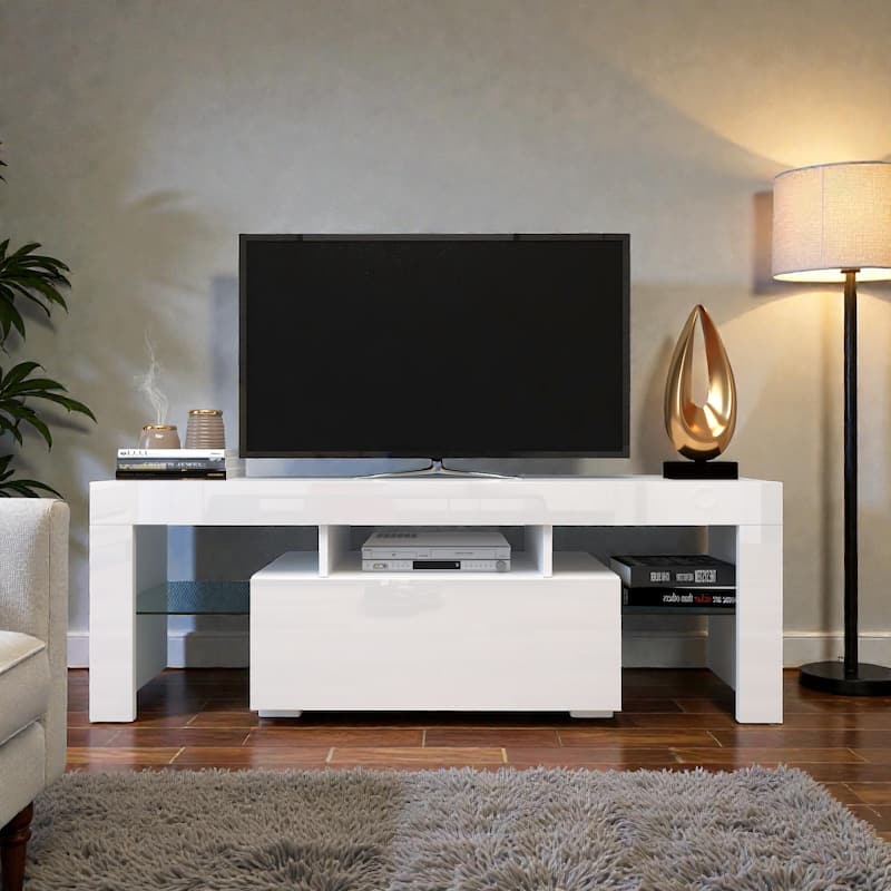 Entertainment TV Stand with LED Lights, 51" Modern Media Console Cabinet for 55" TV, Storage Base for Living Room