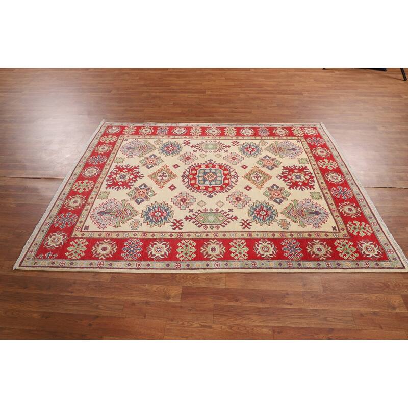 Geometric Kazak Oriental Area Rug Hand-Knotted Living Room Wool Carpet - 4'10" x 6'4"