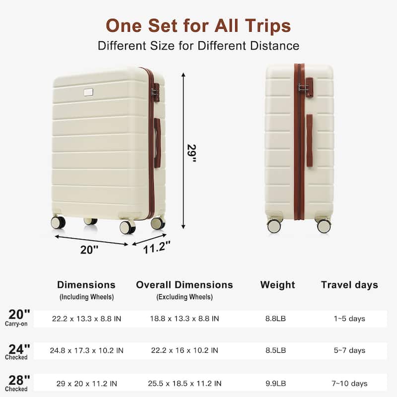 3-Piece, 20, 24, 28-Inch Modern Premium Luggage with TSA Lock and 360° Spinner Wheels, for Boarding Travel, Ivory