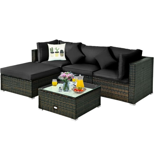 5 Pcs Outdoor Patio Rattan Furniture Set Sectional Conversation with Cushions - 29.5'' x 29.5'' x 25.5'' (L x W xH)