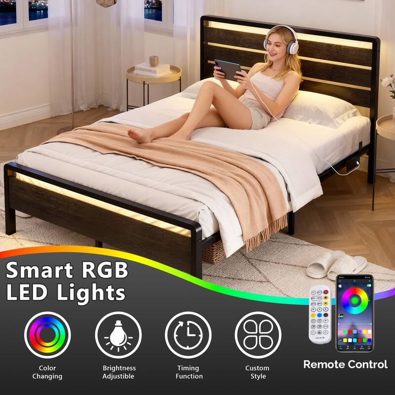 Bed Frame with LED Light and Charging Station, Metal Platform Bed with Wood Headboard