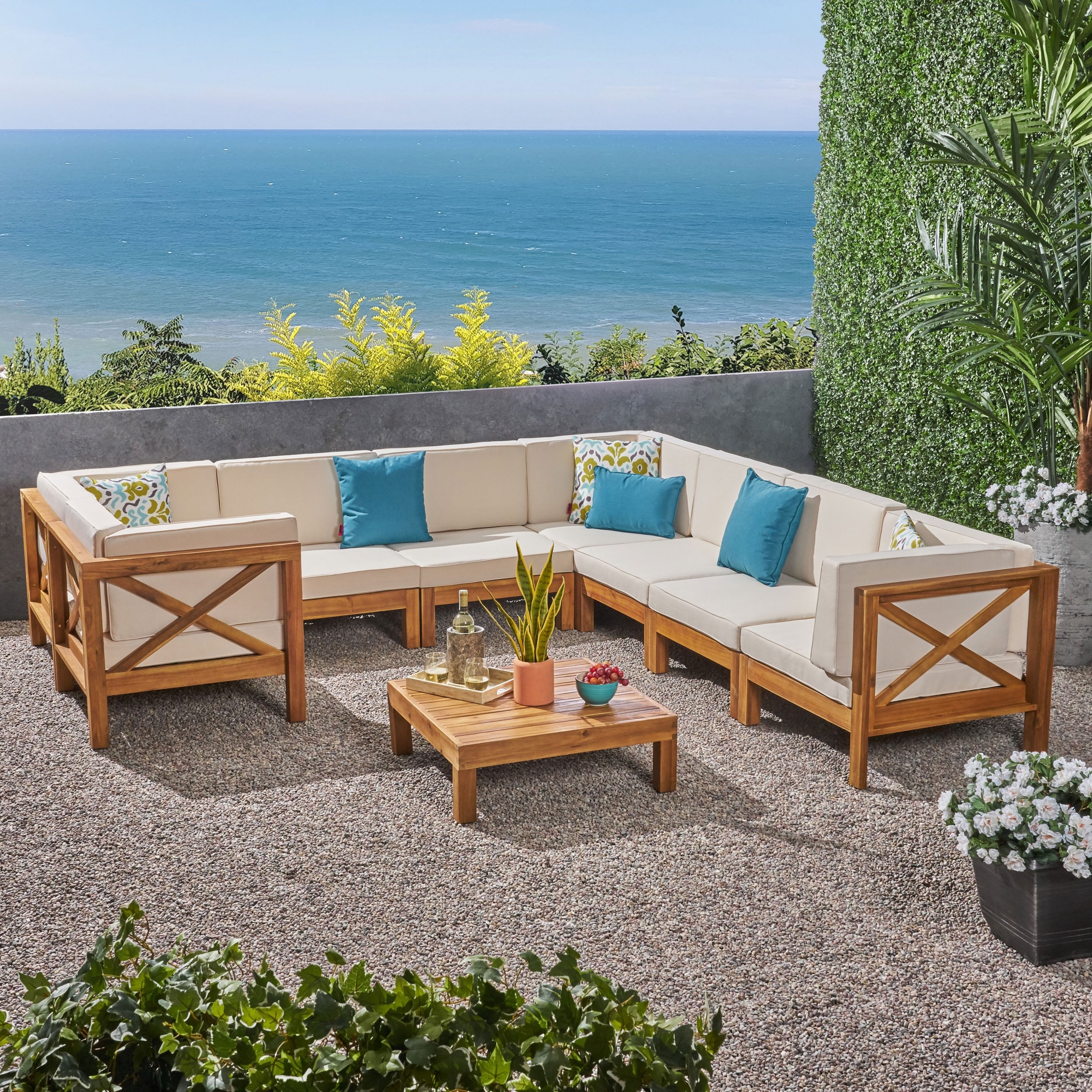 Brava acacia wood sectional sofa top set by christopher knight home