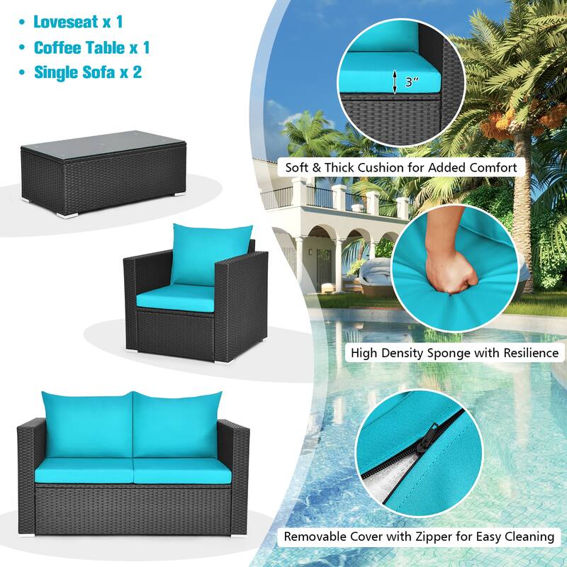Costway 8PCS Patio Rattan Cushioned Sofa Chair Coffee Table Turquoise - See Details