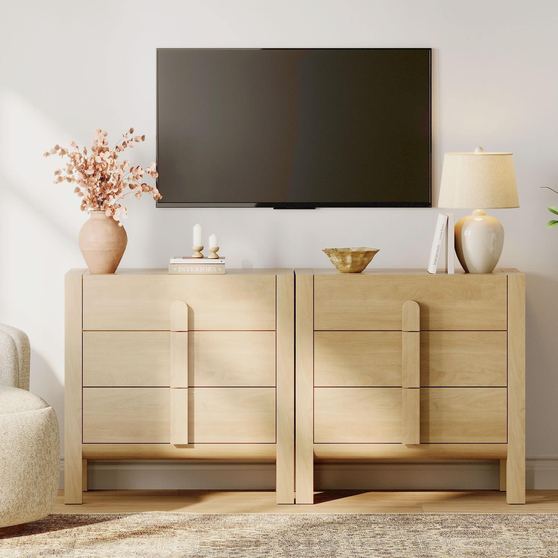 tv stand and dresser Wlive Entertainment Center with Fabric Drawers Media Console Table with Metal Frame Wood Top for Tv up to 45 inch Chest of Drawer 1 large dresser can be used separately as two 3 drawer dressers WAMPAT Dresser TV Stand, Wood