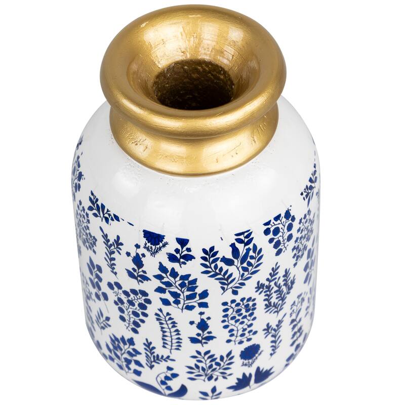 Wooden Floral Taper Candle Holder - 6"- White and Blue - 6"
