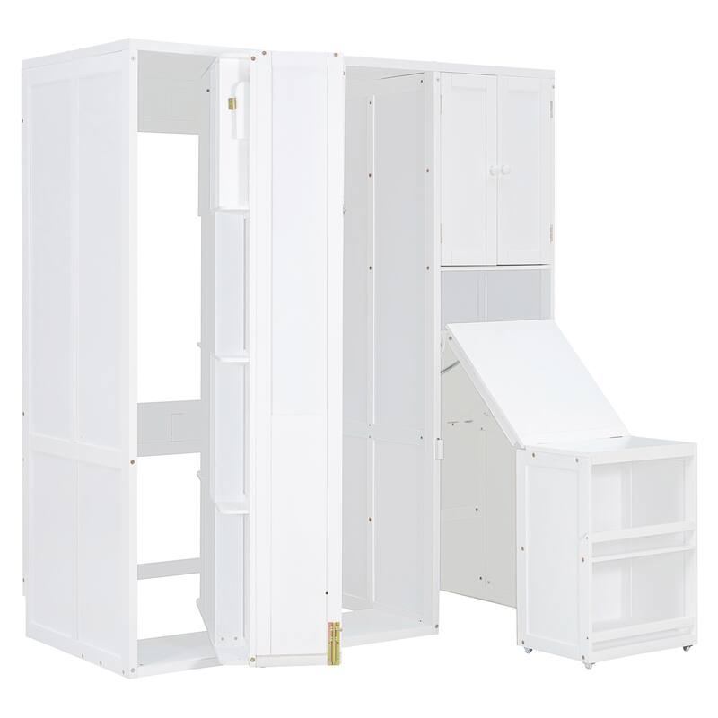 Twin Size Rotating Murphy Wall Bed with Bookshelf, Top Cabinet, Modern Foldable Cabinet Bed with Extendable Desk, Side Storage