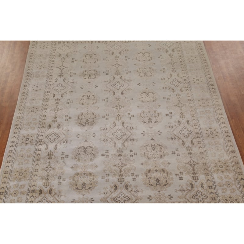 Geometric Oushak Area Rug Hand-Knotted Oriental Wool Carpet - 9'0"x 11'9"