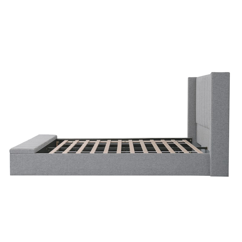 Queen Size Platform Bed with Wingback Headboard, Grey Upholstered Bed Frame with Footboard Storage Box, Low Profile Bed