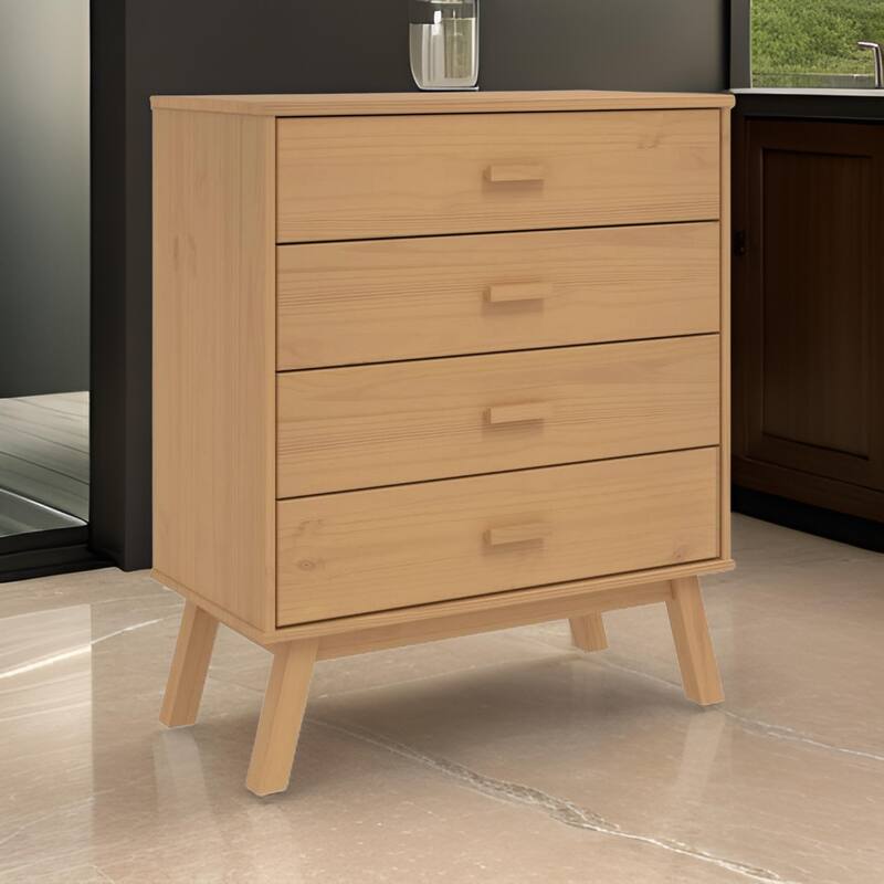 Tall Dresser Chest, 4 Drawers, Brown Solid Pine Wood Frame, 30 Inch