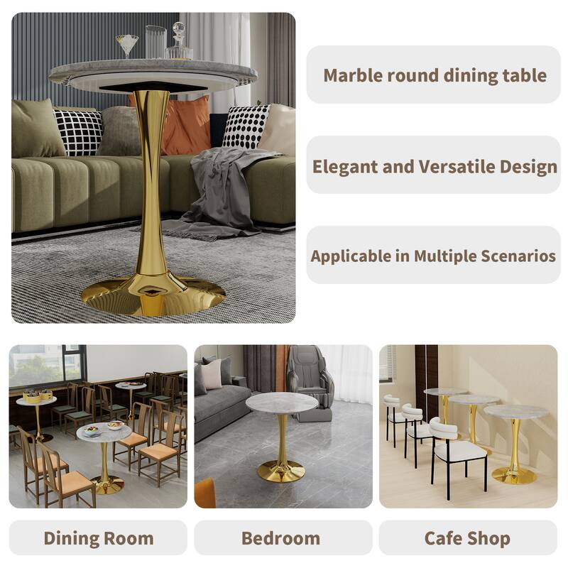 27.6" Mid-Century Modern Style Dining Table, Accommodates 2-4 People, Featuring A Round Light Gray Textured Marble Tabletop