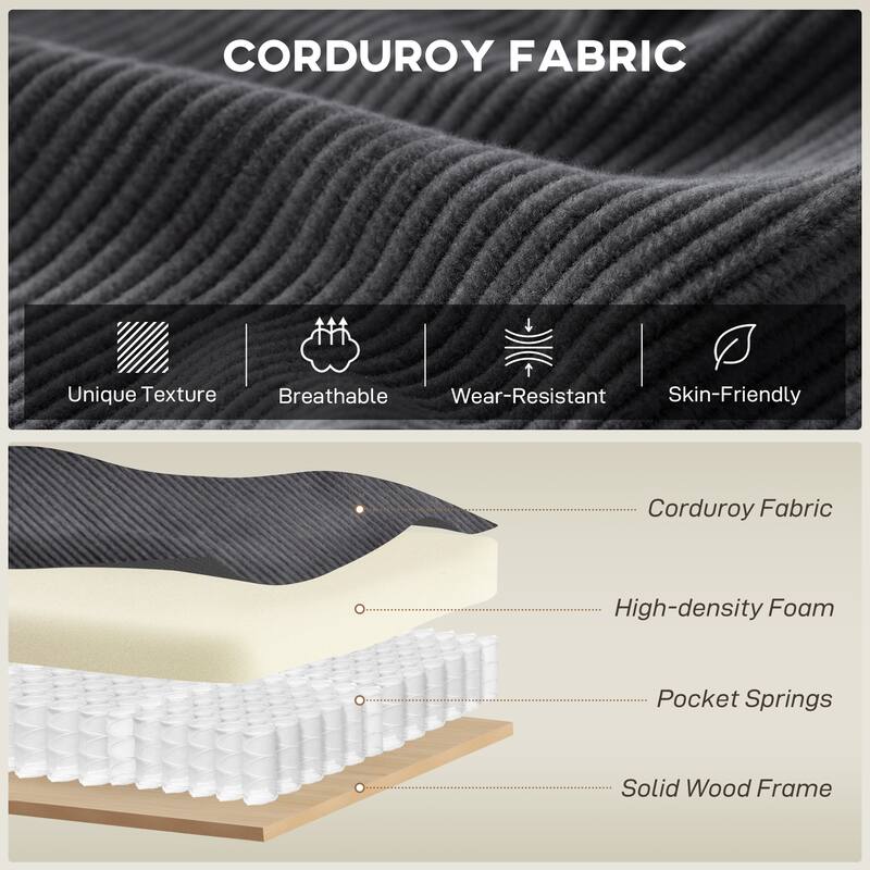 HOMCOM 124" Corduroy L-Shaped Sectional Sofa, Deep Seat, Ottoman, Beige, 2200lb