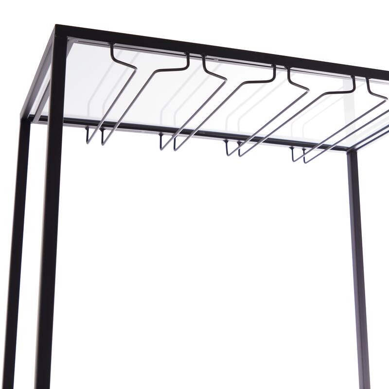 Black Wood 15 Bottle Storage Standing Wine Rack with Wine Glass Holders and Wood Accents