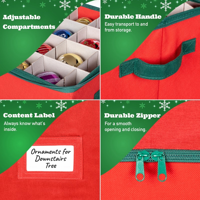 Christmas Ornament Storage Container – Fits up to 64 Ornaments 3” x 3” – Durable Xmas Ornaments Box - Adjustable Compartments