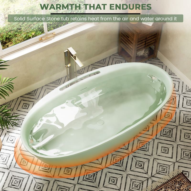 Luxury Flatbottom Solid Surface Freestanding Soaking Bathtub with Discreet Towel Slot and Drain Assembly
