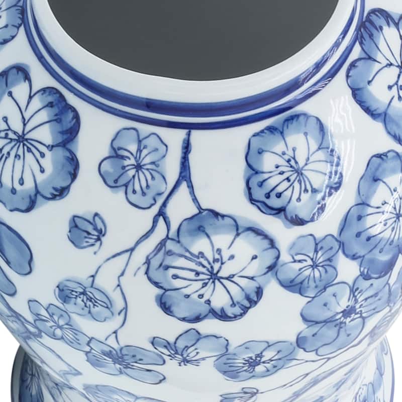 Sagebrook Home 14" Ceramic Temple Jar with Lid Contemporary Vintage Style Blue and White Chinoiserie Floral Design