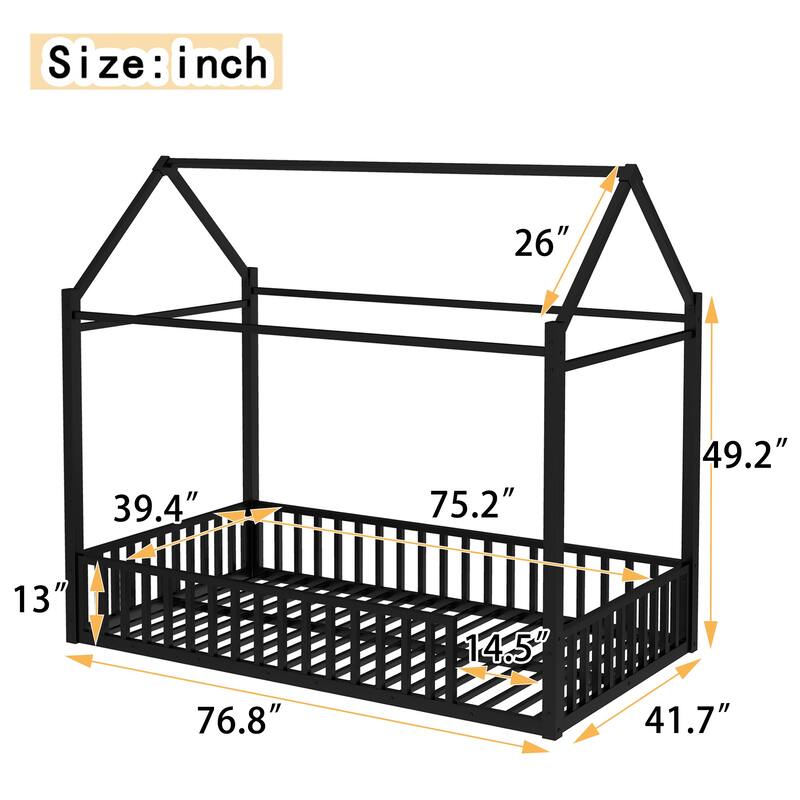 Roomfitters Metal Twin House Bed Frame with Guardrails & Detachable Slats, Convertible Floor to Loft Design, Black