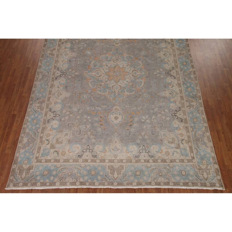 Hand Knotted Oriental 100% Wool Carpet Traditional Floral Greys & Charcoal Tabriz Area Rug - 12' 11'' X 9' 5''