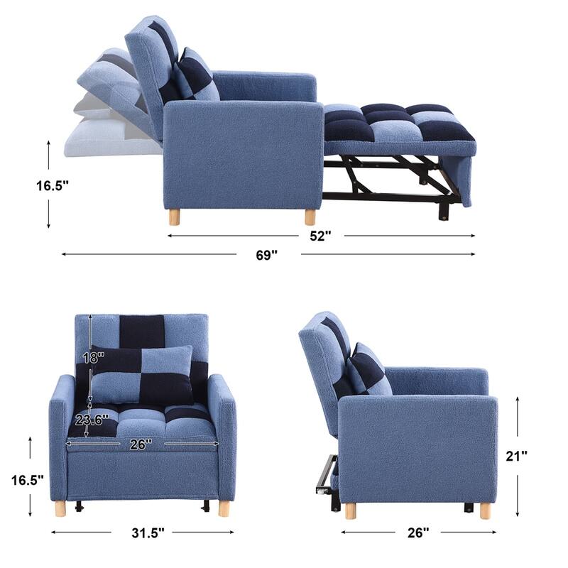 Teddy Fabric Convertible Multi-Functional Sleeper Sofa with Pillow