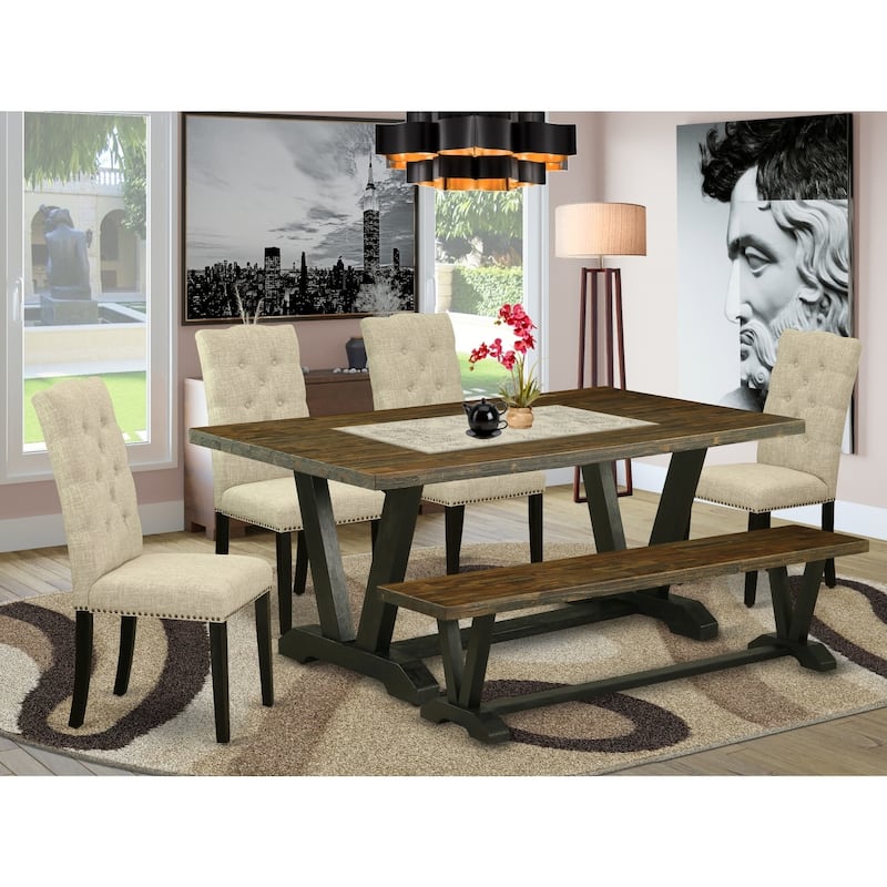 Retro Dining Table Set - 6-Piece Wood Table & Parson Chairs with Bench