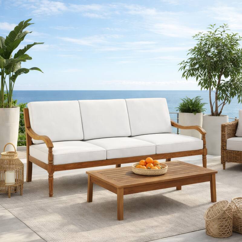 Pena Outdoor Sofa, White Linen Cushions, 76 Inch Brown Acacia Wood