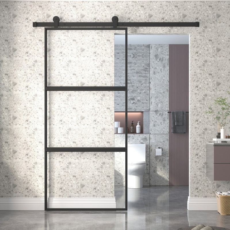 Mixoy Glass Sliding Barn Door and Hardware Included- Clear Tempered Glass,Aluminum Frame,Pre-Drilled,Soft Close - 30" W x 84" H-Single Door - Black