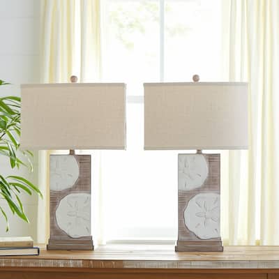 HomeRoots Set of Two 28" Brown And White Coastal Sand Dollar USB Table Lamp With Tan Shade - 9.00 in. x 28.00 in. x 16.00 in.