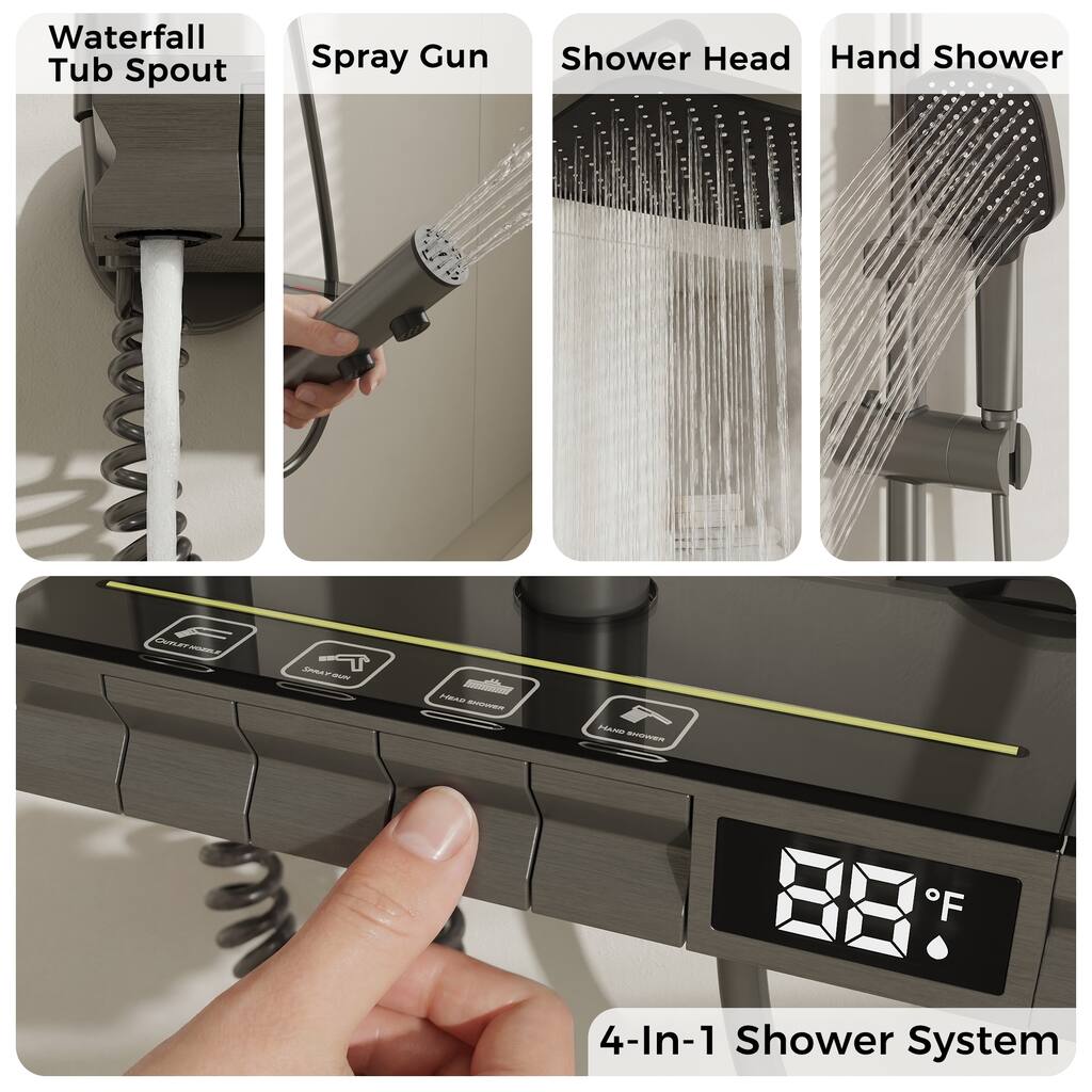 Shower System with LED Temperature Display, 4 Function Shower Panel Waterfall Tub Spout,Shower Faucet Set