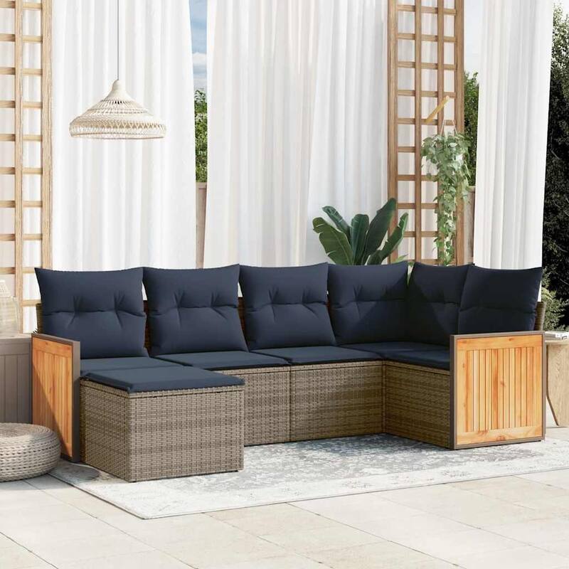 vidaXL 6/7 Piece Patio Sofa Set with Cushions Black/Gray Poly Rattan - 24.4 x 24.4 x 27.2 - Gray Without table