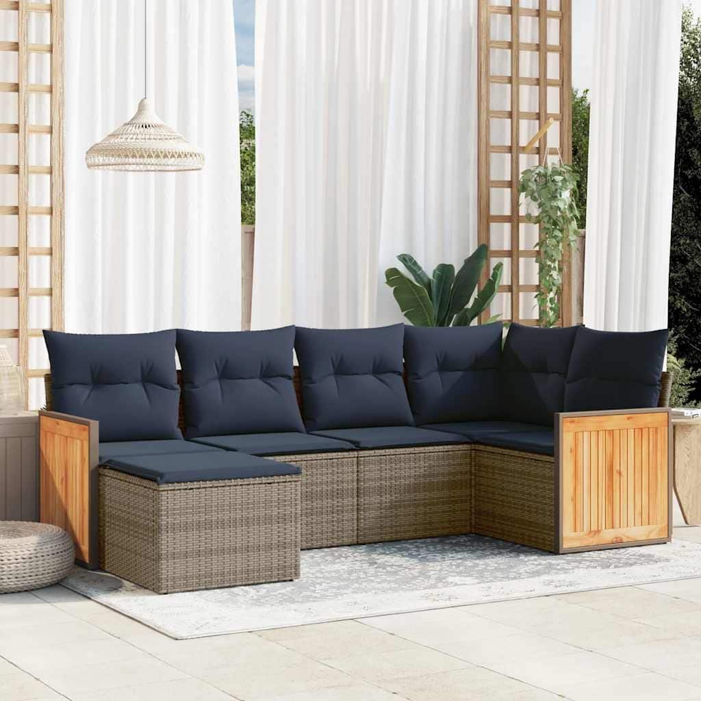 vidaXL 6/7 Piece Patio Sofa Set with Cushions Black/Gray Poly Rattan - 24.4 x 24.4 x 27.2