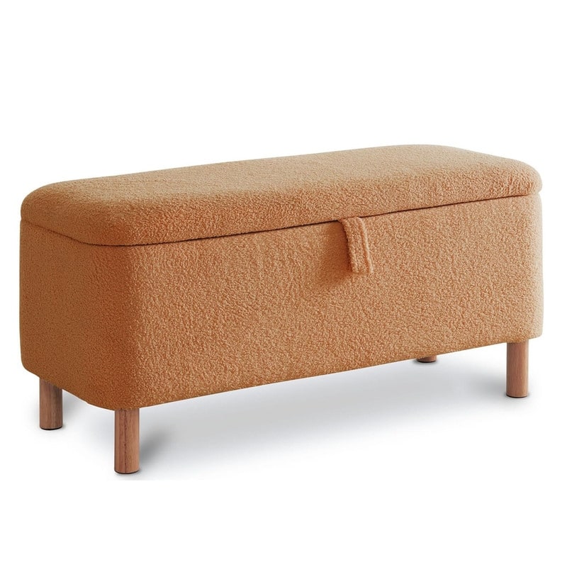 39.5" Off White Boucle Storage Ottoman Bench Sherpa Storage Bench Ottoman Foot Rest End of Bed for Living Room Bedroom,Wood Leg - 39.5" - Light Orange