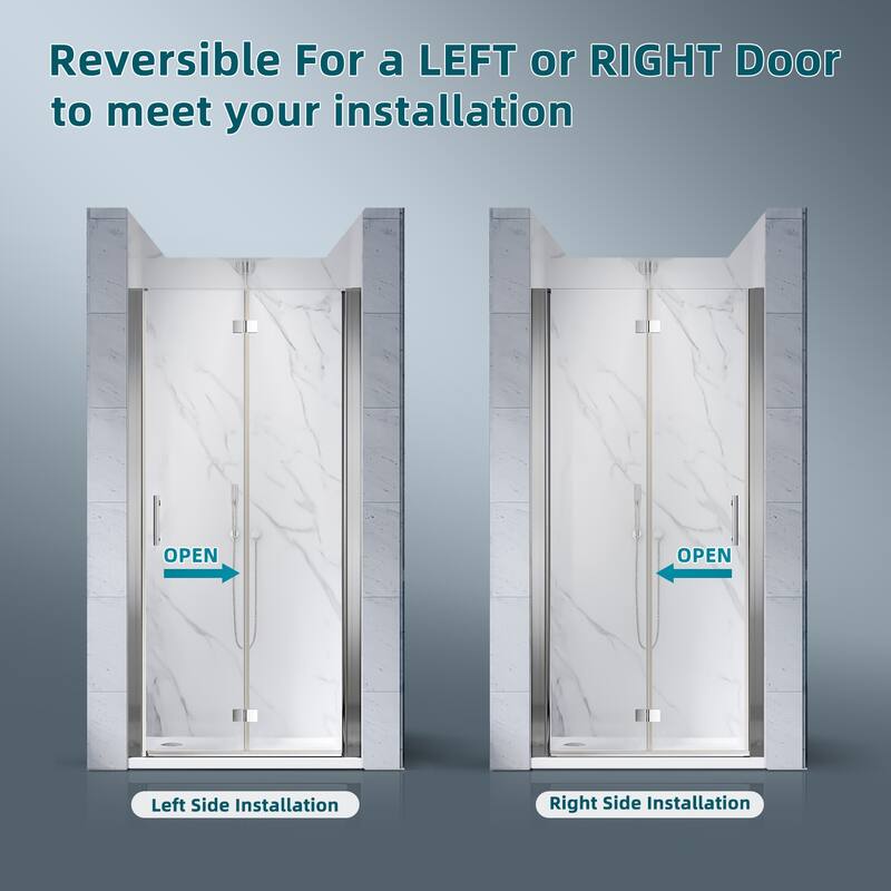 Elegant Bi-Fold Frameless Pivot Swing Shower Door Enclosure with Clear Glass Panel and Hardware Kit